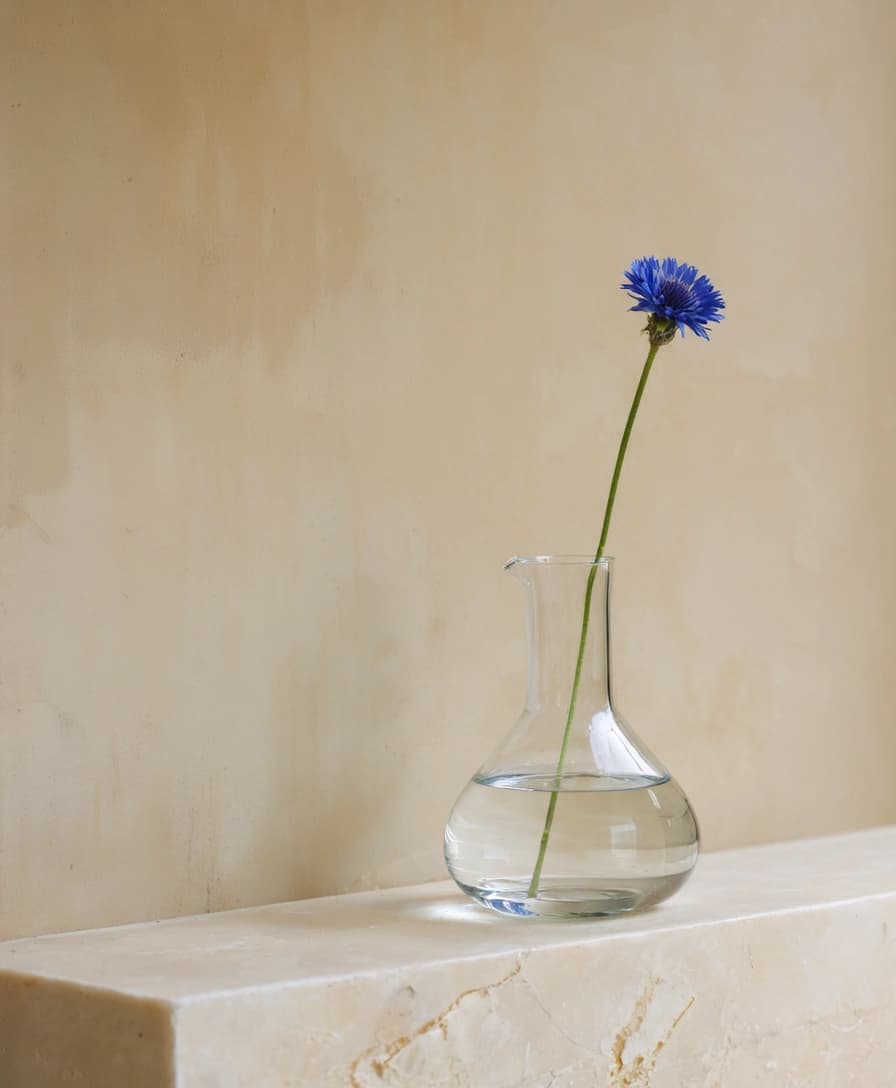 A single cornflower standing in a glass carafe on a pale stone ledge